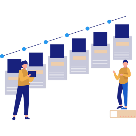 El equipo está trabajando en barras gráficas de información.  Ilustración