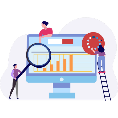 El equipo está trabajando en el gráfico de negocios.  Ilustración