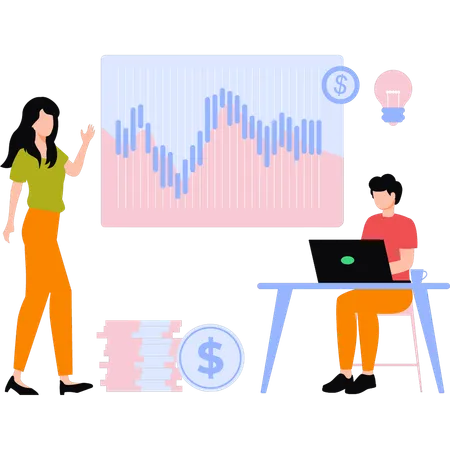 El equipo está viendo el gráfico financiero.  Illustration