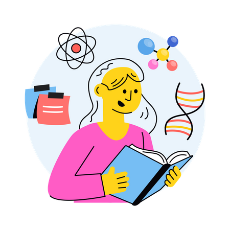 El estudiante está leyendo atentamente un libro de ciencias.  Ilustración