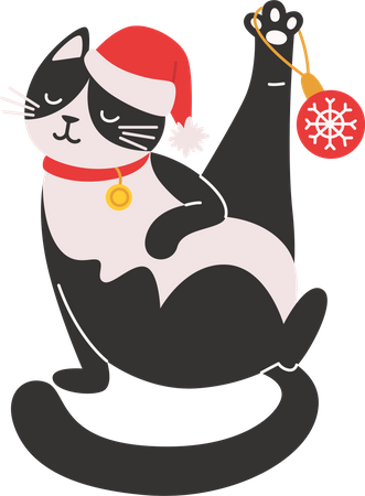 El gato con gorro de Papá Noel está jugando con una decoración navideña  Ilustración