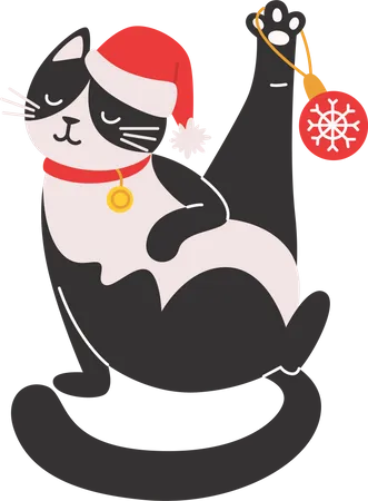 El gato con gorro de Papá Noel está jugando con una decoración navideña  Ilustración