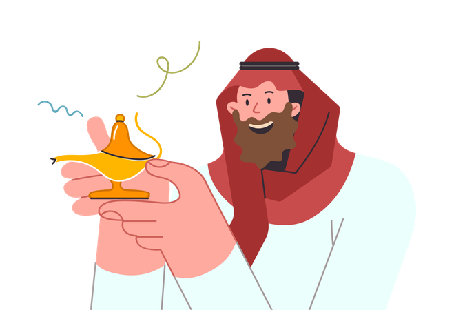 El genio de la lámpara dorada está en manos de un hombre árabe que pide deseos  Ilustración