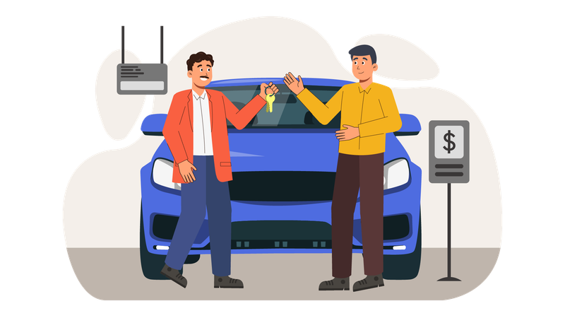 El gerente entrega las llaves del auto al nuevo propietario del auto  Ilustración