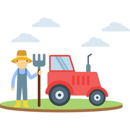 El granjero está parado con una horca y un tractor.  Ilustración