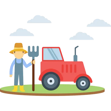 El granjero está parado con una horca y un tractor.  Ilustración
