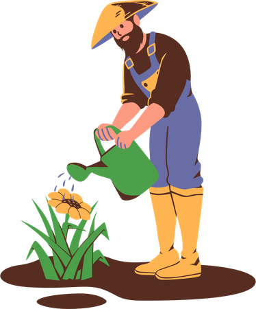 El agricultor riega la planta con regadera  Ilustración