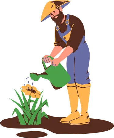 El agricultor riega la planta con regadera  Ilustración