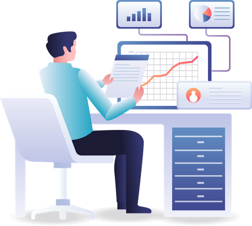 El hombre analiza los datos de la empresa.  Ilustración