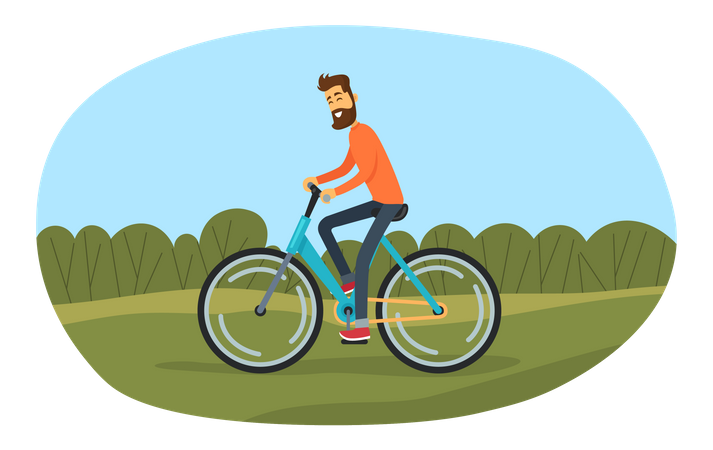 El hombre anda en bicicleta por un camino arenoso en el bosque  Ilustración