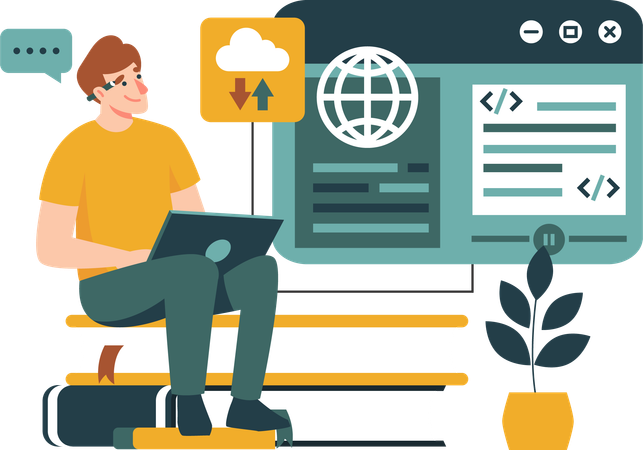 El hombre aprende sobre el mundo de los sitios web  Ilustración