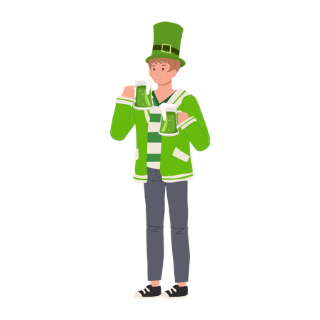 El hombre celebra el día de San Patricio con cerveza verde  Ilustración