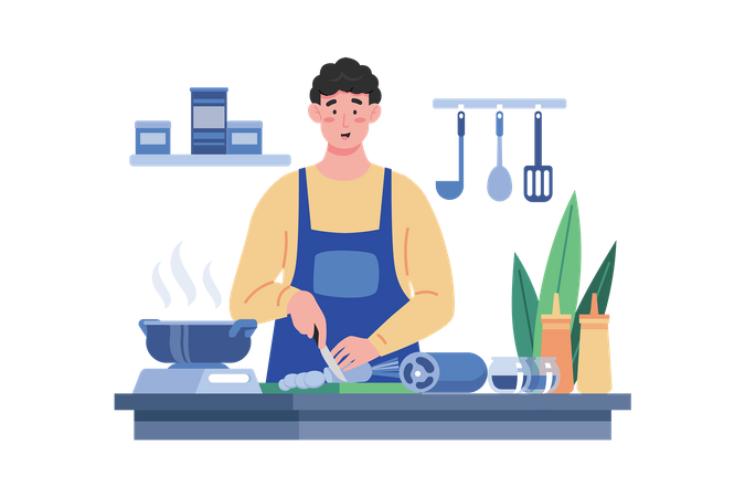 Cómo cocina el hombre la comida favorita de la esposa  Ilustración