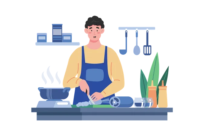 Cómo cocina el hombre la comida favorita de la esposa  Ilustración