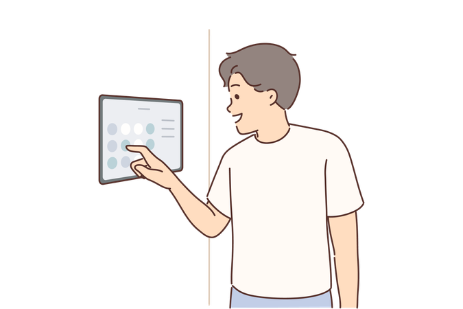 El hombre controla el sistema doméstico inteligente mediante un panel digital colgado en la pared para encender y apagar dispositivos iot  Ilustración