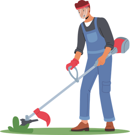 El hombre corta el césped con una cortadora de césped  Ilustración
