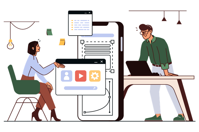 El hombre le cuenta y le muestra al cliente sobre el diseño de interfaz desarrollado para una nueva aplicación.  Ilustración