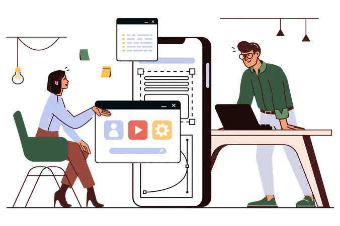 El hombre le cuenta y le muestra al cliente sobre el diseño de interfaz desarrollado para una nueva aplicación.  Ilustración