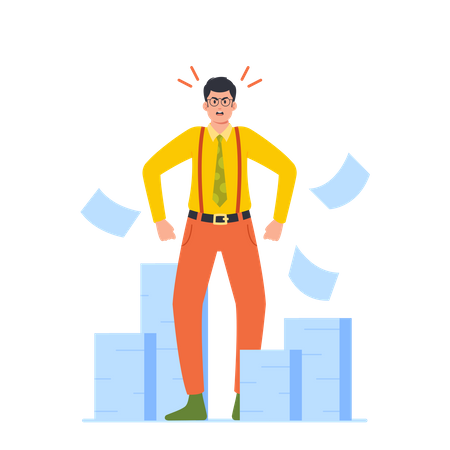 El hombre de negocios con exceso de trabajo se siente frustrado por la enorme pila de documentos que hay alrededor  Ilustración