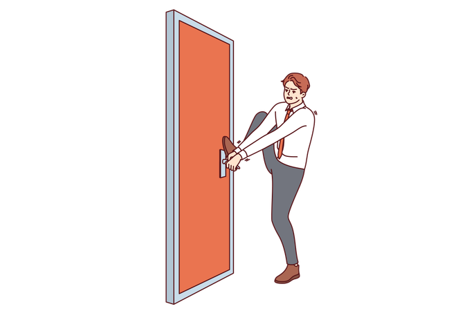 Un hombre de negocios persistente está tratando de abrir una puerta cerrada sin darse por vencido y esforzándose por lograr el objetivo  Ilustración