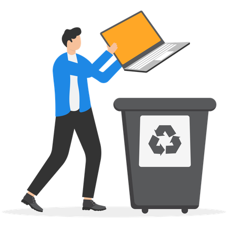 El hombre de negocios tira la vieja computadora portátil a la basura clasificando la basura  Illustration