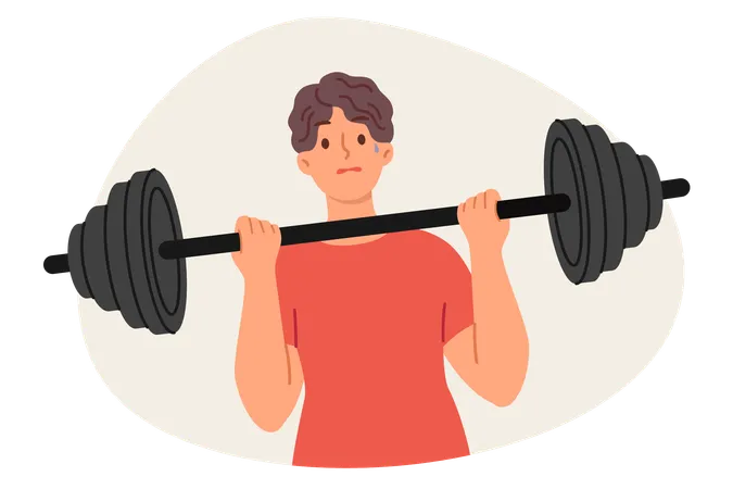 El hombre débil está haciendo ejercicio tratando de levantar la barra para estimular los músculos grandes y mejorar la inmunidad  Ilustración