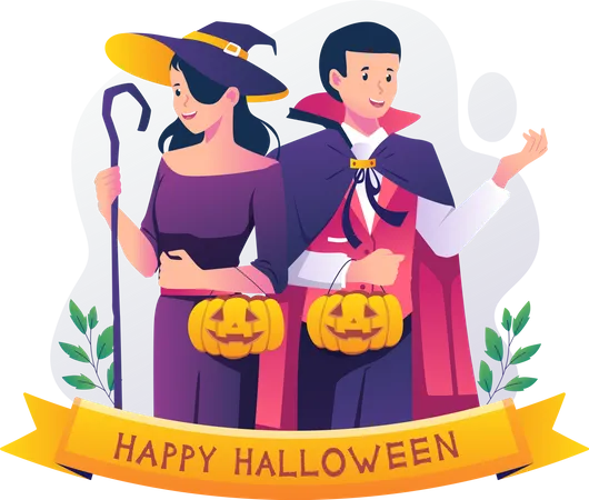 El hombre de Drácula y la mujer vestida de bruja llevan calabazas para celebrar la noche de Halloween  Ilustración