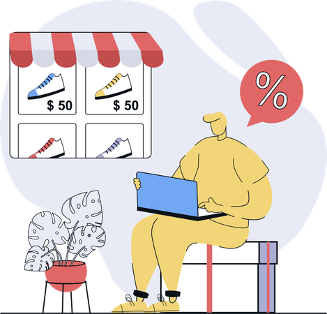 El hombre disfruta de la compra digital de zapatos  Ilustración