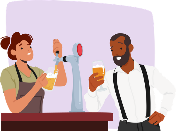 El hombre disfruta de una cerveza refrescante en un animado ambiente de bar donde la camarera vierte bebidas espumosas en el vaso  Ilustración