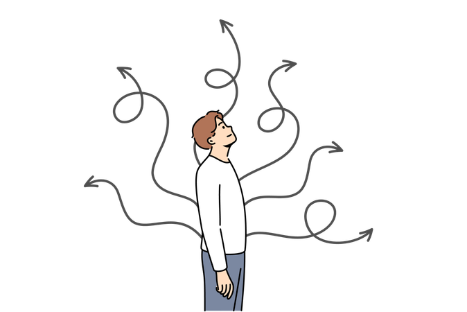 El hombre elige la manera de resolver la situación y se para cerca de flechas que apuntan en diferentes direcciones  Ilustración