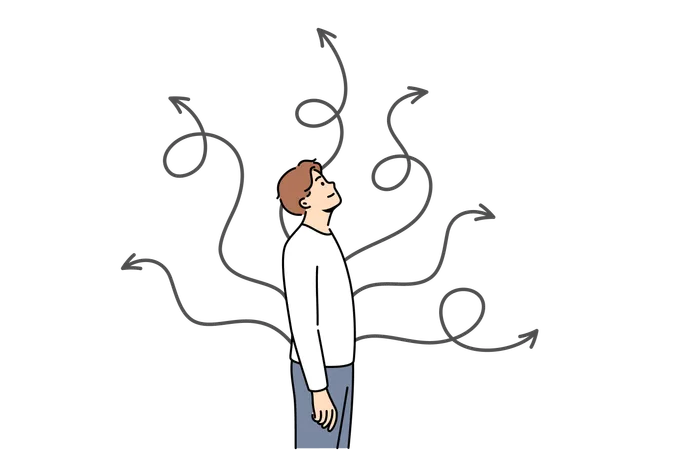 El hombre elige la manera de resolver la situación y se para cerca de flechas que apuntan en diferentes direcciones  Ilustración