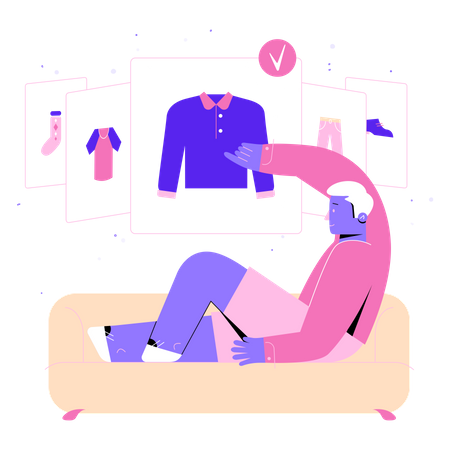 El hombre elige ropa en un probador virtual  Ilustración