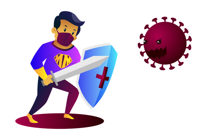 El hombre enmascarado sostiene espada y escudo en la mano y lucha contra el coronavirus  Ilustración