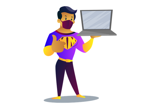 El hombre de la máscara sostiene la computadora portátil en la mano  Ilustración