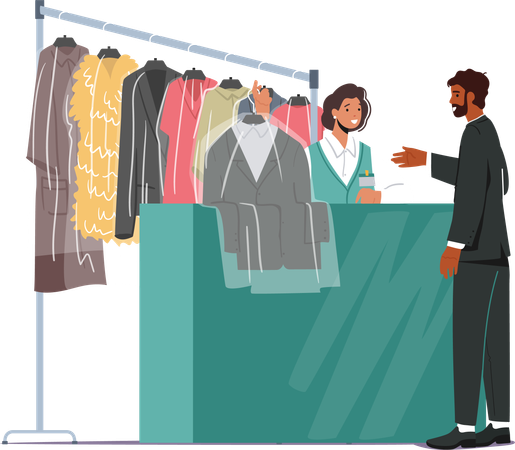 El hombre entrega su ropa para lavarla en seco  Ilustración