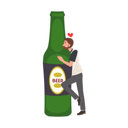 El hombre está abrazando una botella de cerveza de gran tamaño. Me encanta la cerveza.  Ilustración