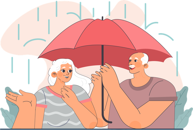 El hombre está ayudando a la mujer en tiempo lluvioso  Ilustración
