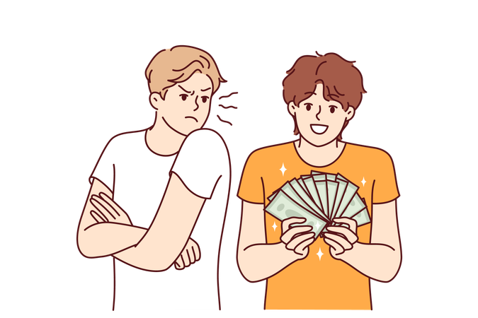 Un hombre tiene celos de un amigo rico que muestra billetes de dinero ganados en negocios o en casinos  Ilustración