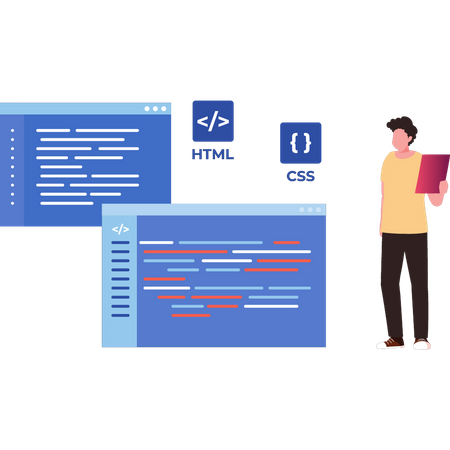 El hombre está codificando HTML y CSS  Ilustración