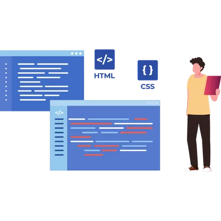 El hombre está codificando HTML y CSS  Ilustración