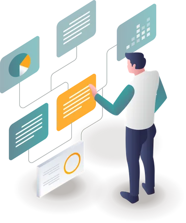 El hombre está configurando la red de enlace de la base de datos.  Ilustración