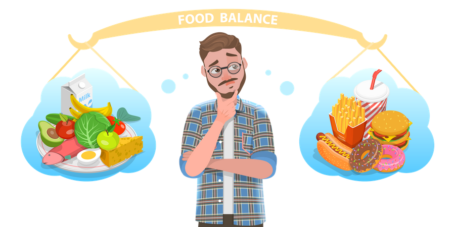 El hombre elige entre alimentos saludables y no saludables  Ilustración