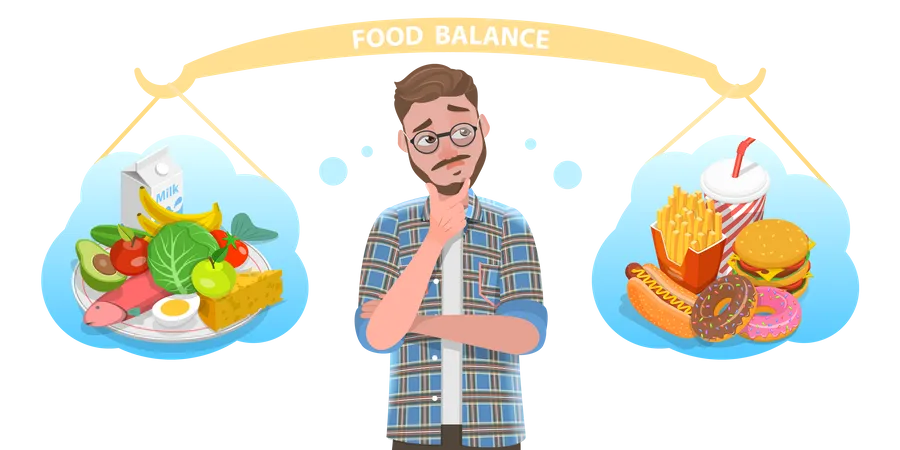 Ilustracion Conceptual De Vector Plano Isometrico 3 D Del Equilibrio Alimentario El Hombre Elige Entre Alimentos Saludables Y No Saludables Ilustración