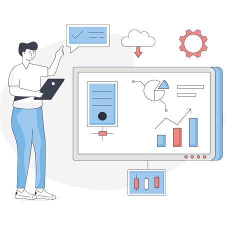 El hombre está explicando las estadísticas web.  Ilustración