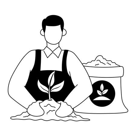 El hombre está fertilizando una planta.  Ilustración