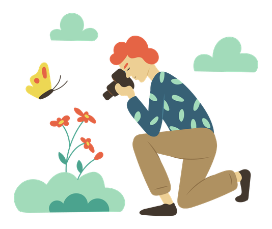 El hombre hace clic en imágenes de flores.  Ilustración