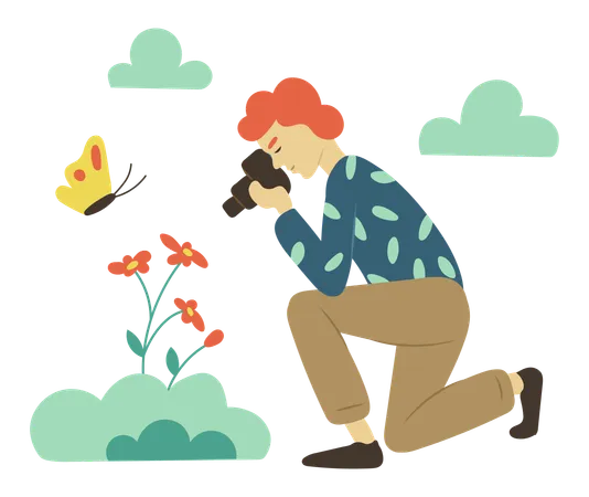 El hombre hace clic en imágenes de flores.  Ilustración