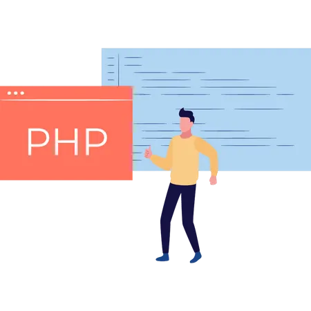 El hombre está haciendo codificación PHP  Ilustración