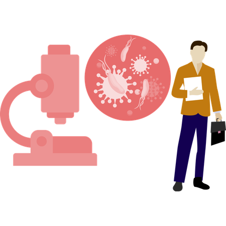 El hombre está investigando el virus en el microscopio.  Ilustración