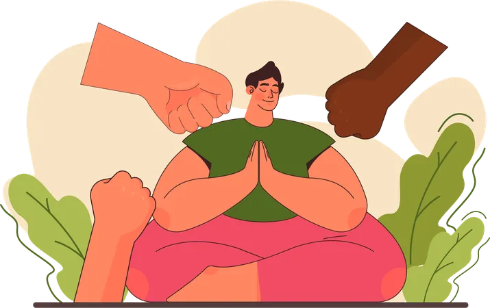 El hombre está meditando para la paz mental.  Ilustración